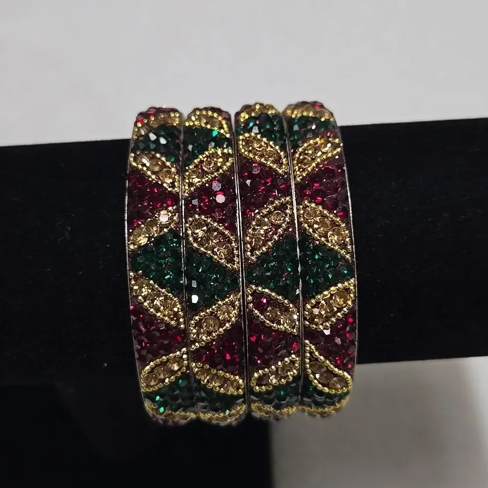 Set Of 4 Gold, Green & Red Bangles